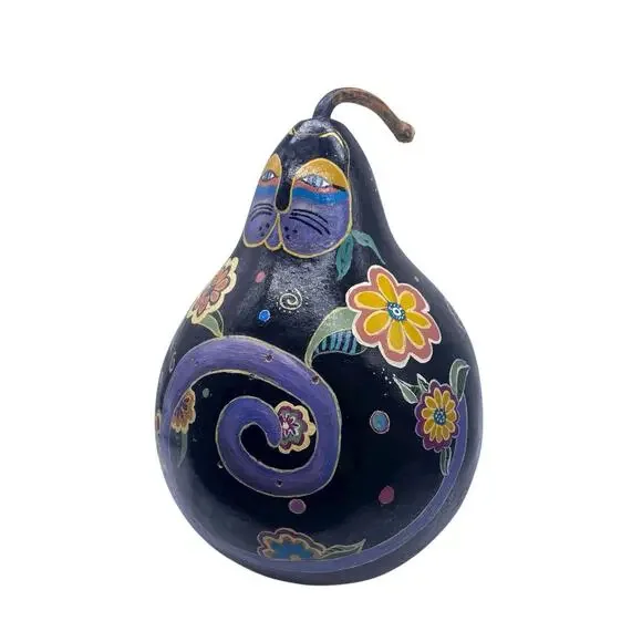 FAT CAT Gourd Handpainted Hand Painted Black Purple Whimsical Burch Style 10